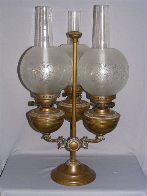 Brass Triple Font Paraffin Oil Lamp W Etched Ball Shades Collectors