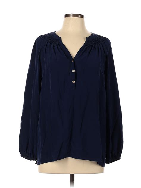 Lilly Pulitzer 100 Silk Solid Navy Blue Long Sleeve Blouse Size L 67