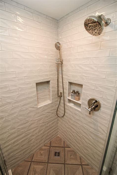 White Tiled Shower With Brown Accent Tile Floor Bathroom Shower