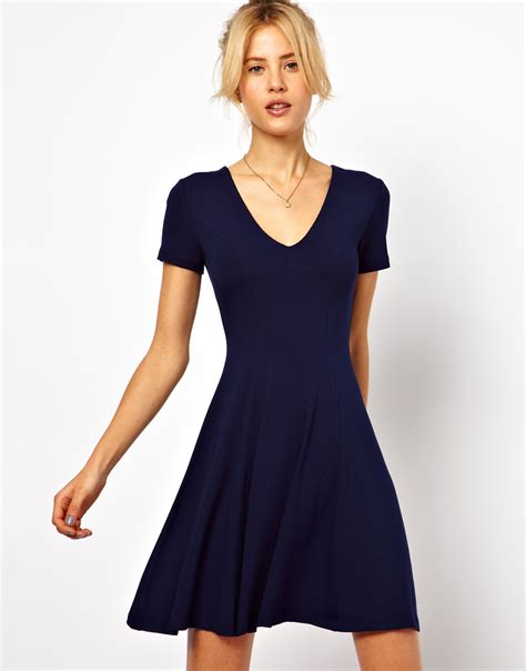 Asos Skater Dress With V Neck And Short Sleeves In Navy Blue Lyst