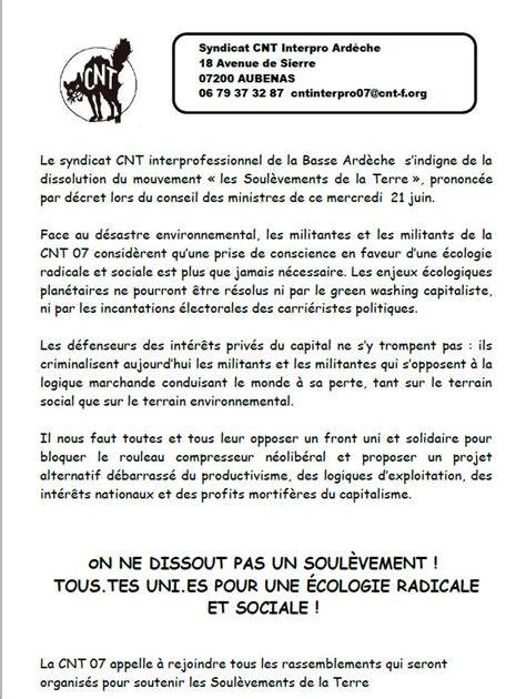 Communiqué contre la dissolution des soulèvements de la terre Info