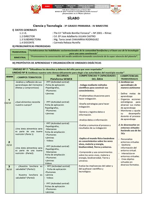 Sílabo 4° Bimestre Ciencia Y TecnologÍa 3° 2023 Pdf Evaluación