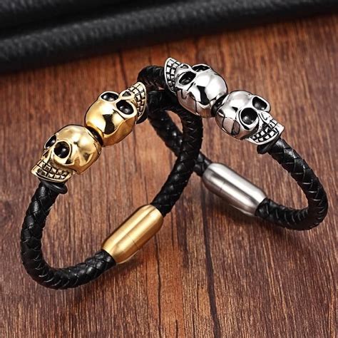 Retail Fashion Genuine Leather Punk Skull Bracelets Bangles Braided