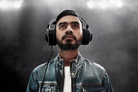 Man Listening Music Wearing Headphone Stock Image Image Of Emotion