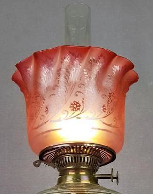 Victorian Cranberry Peach Etched Glass Duplex Kerosene Paraffin Oil