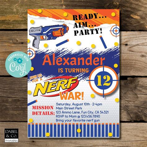 Nerf Birthday Invitation Nerf War Dart Gun Battle Editable Birthday