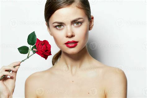 Beautiful Woman Nude Shoulders Red Lips Rose In Luxury Hand Long Hair