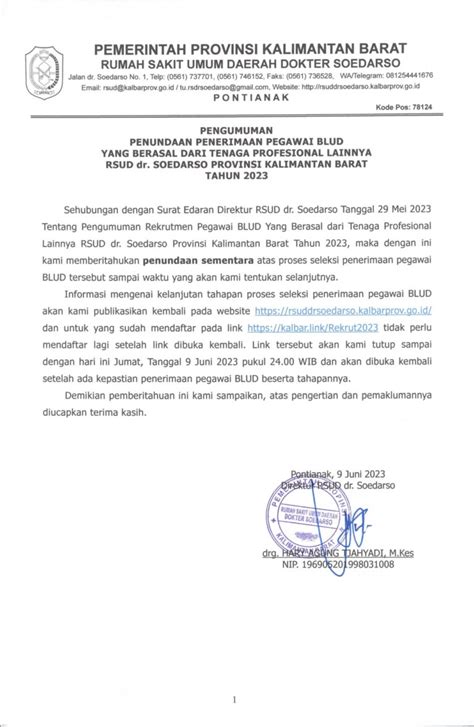 Pengumuman Penundaan Rekrutmen Pegawai Blud Rsud Dr Soedarso Provinsi