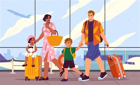 Familia en el aeropuerto Padres felices viajan con niños Mamá papá