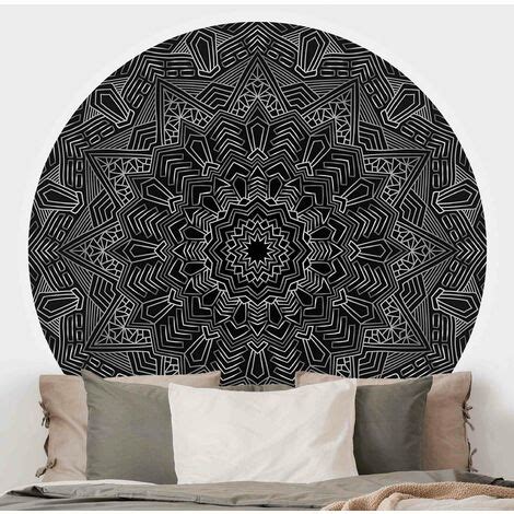 Papier peint rond autocollant Mandala Star Pattern Silver Black Ø 50cm