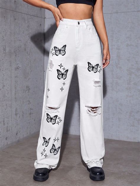 Butterfly Print Ripped Straight Leg Jeans Straight Leg Jeans Pants