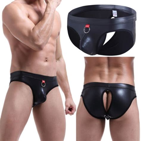 Men S Faux Leather Backless Thongs Pouch Underwear Back Open Crotch