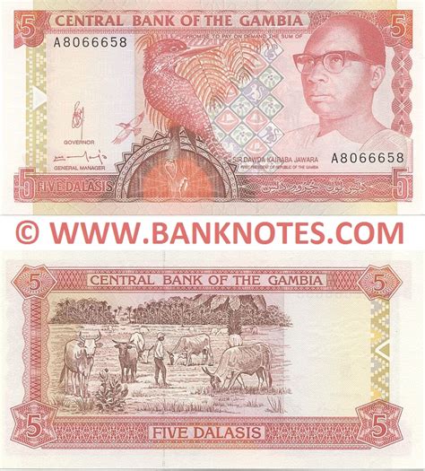 Gambia 5 Dalasis 1991 95 Gambian Currency Bank Notes West African