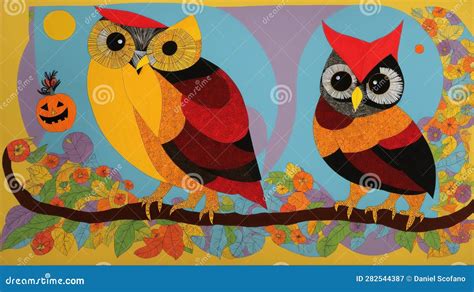 A Painting Of Two Owls Sitting On A Branch Generative AI Stock