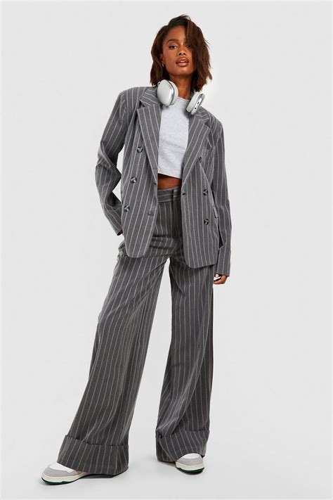 Premium Pinstripe Wide Leg Turn Cuff Dress Pants Boohoo Usa