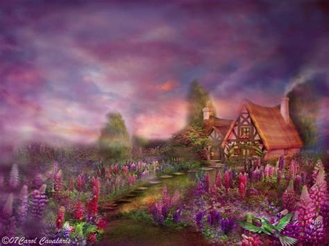 Lupine Meadow Fantasy Lupine Meadow Flowers Cottage HD Wallpaper