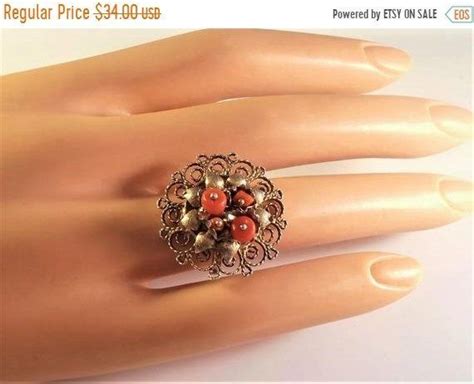 ON SALE Art Deco Sterling Cannetille Red Coral Ring Lightly Gold Washed