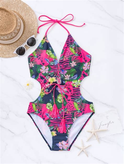 SHEIN Swim Fato de banho de uma peça impressão floral cadarço na frente