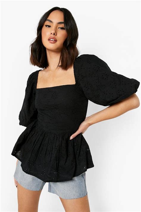 Black Broderie Puff Sleeve Smock Top Boohoo Uk