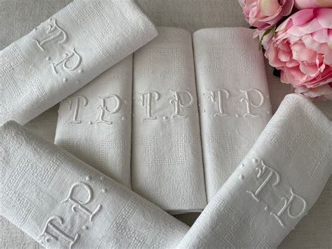 Six Vintage French Damask Napkins Serviettes Monogram T P 20 X 23