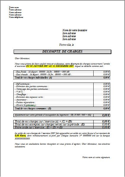 Mod Le De D Compte De Charge Locative Sur Word Mod Les Word