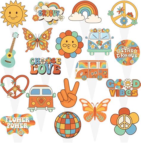 48pcs Hippie Party Cupcake Toppers Two Groovy Party Decorations Glitter