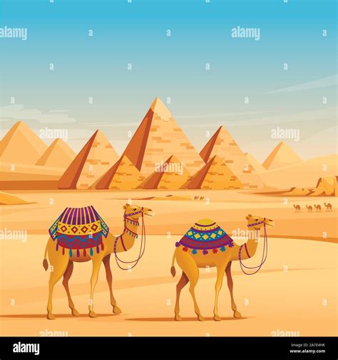 Giza Egyptian Pyramids desert landscape with camels flat vector ...