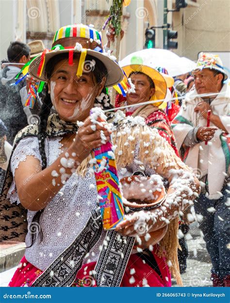 A Woman Spraying Foam During Carnival Parade Ecuador Editorial Stock