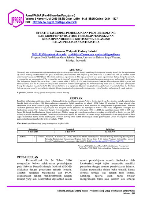 Pdf Efektivitas Model Pembelajaran Problem Solving Dan Group