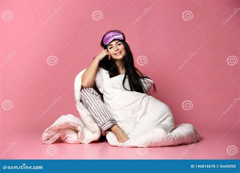 Beautiful Brunette Girl Just Woke Up With Soft Pillow And Blanket Woman Morning Happy Smiling