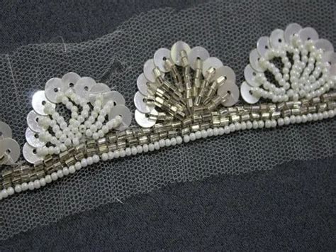 White Light Golden Sequins And Beads Handwork Embroidered Border