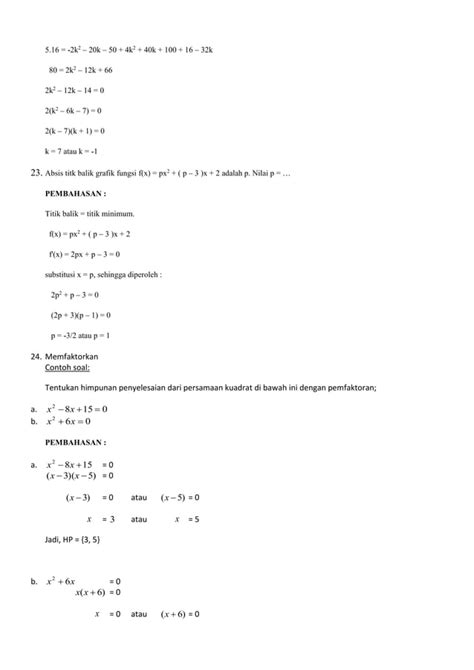 Soal Soal Persamaan Kuadrat Dan Fungsi Kuadrat Pdf