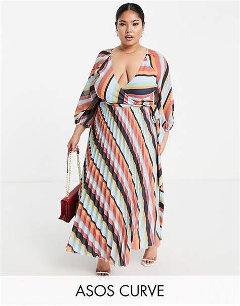 Asos Design Curve Plissiertes Midi Wickelkleid Mit Buntem