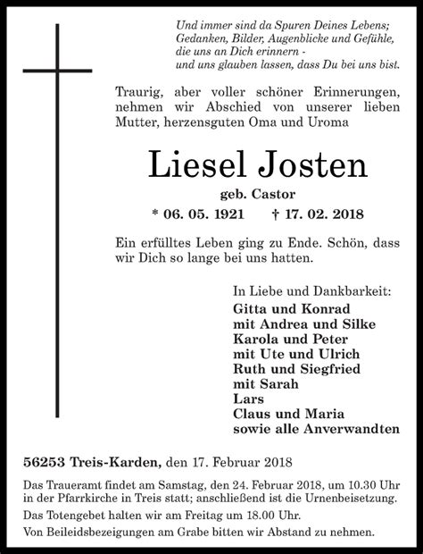 Traueranzeigen Von Liesel Josten Rz Trauer De