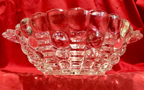 Vintage Clear Bubble Depression Glass Serving Bowl With Handles