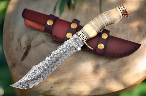 Handmade Damascus Steel Blade Bowie Knife Decorated Camel Bone Handle Kbs Knives Store