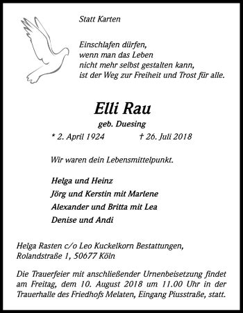 Traueranzeigen Von Elli Rau Wirtrauern