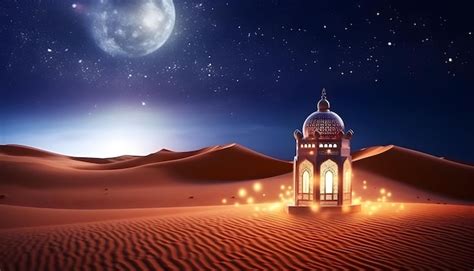 Una Escena Del Desierto Con Una Mezquita En El Medio Y La Luna Al Fondo