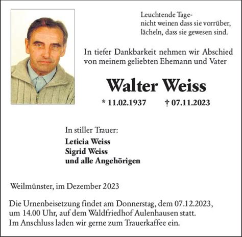 Traueranzeigen Von Walter Weiss Vrm Trauer De