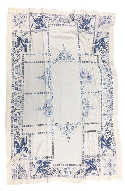 Vintage Embroidered Table Linen Fabric Blue And White Hand Etsy