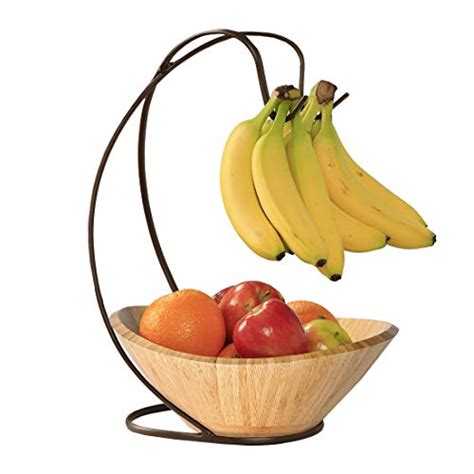 Seville Classics Bamboo Fruit Bowl With Banana Hook Steel Wire Tree