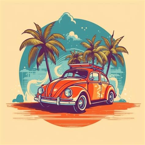 Premium Ai Image A Red Vw Beetle Car With Surfboard On The Roof