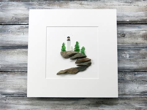 Pebble And Sea Glass Art Lighthouse By Maine Artist M Mcguinness Sea Glass Art Projects Sea