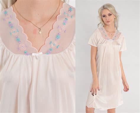 Pink Nightgown Y K Lingerie Mini Dress Floral Embroidered Mesh Trim Nightie Retro Sleepwear