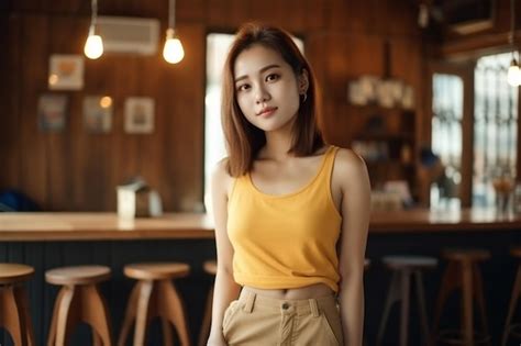 Premium Photo A Woman In A Yellow Tank Top Stands In A Bar And Looks At The Camera