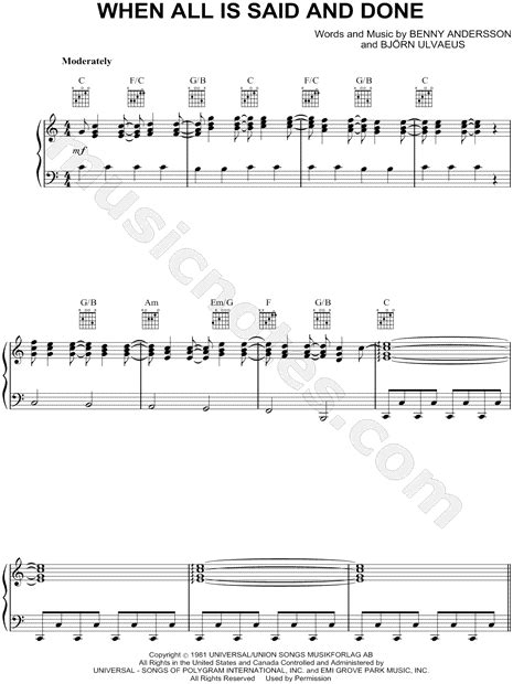 ABBA When All Is Said And Done Sheet Music In C Major Transposable