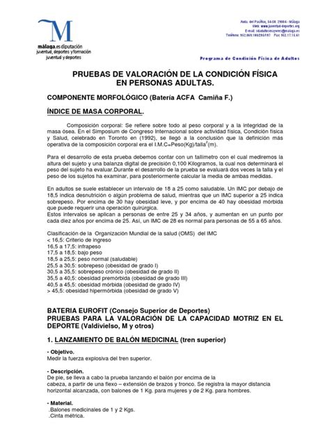 Eurofit Valoracion De La Condicion Fisica En Personas Adultas Pdf Índice De Masa Corporal