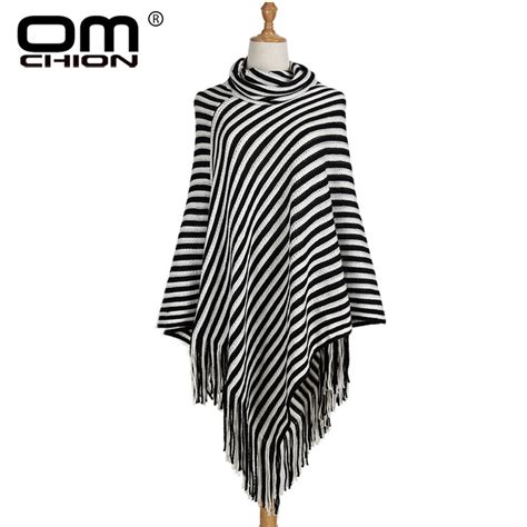 Omchion Vintage Blanco Y Negro Con Flecos A Rayas Poncho Nuevo