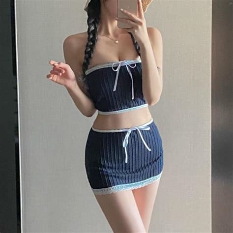 Dangosister Summer Planning Navy Lace Tube Top Bikini Set Cover Up Skirt Set Swimsuit Monokini