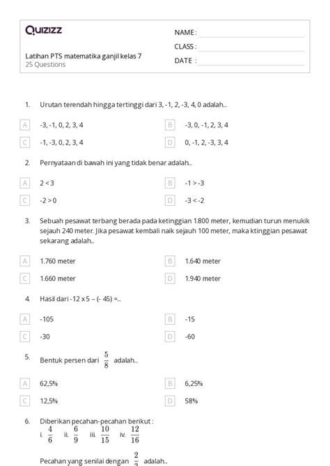 50 Lembar Kerja Soal Kata Pecahan Untuk Kelas 7 Di Quizizz Gratis